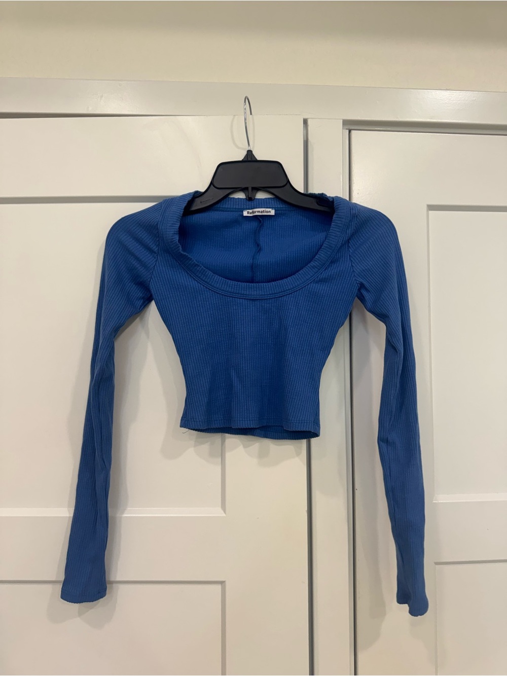 Reformation Cobalt Ribbed Long Sleeve Scoop Crop Top